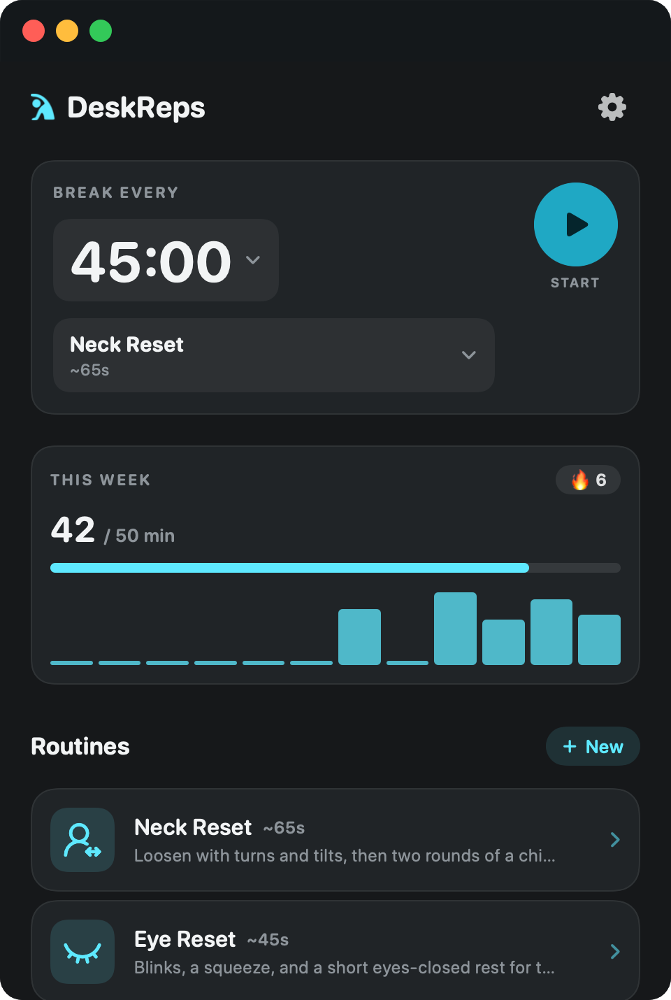 The DeskReps window on macOS, showing a quick-start routine and the full routine list.