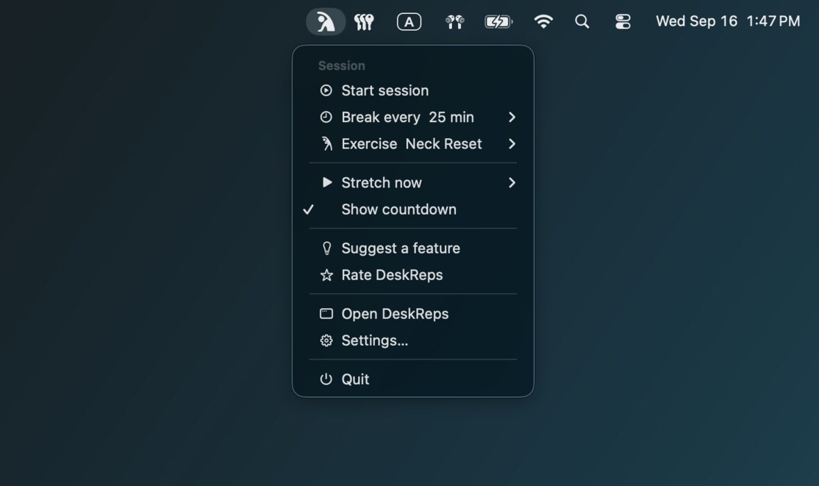 The DeskReps menu open in the Mac menu bar: start a session, break every 25 minutes, the Neck Reset routine, and stretch now.